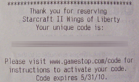 Gamestop Starcraft 2 Pre-Order Receipt